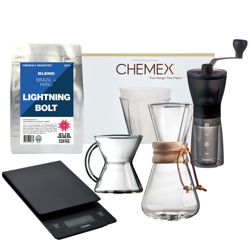 Chemex Complete Brew Collection – 3 Cup Brewer, Filters, Grinder, Scale & 250g Coffee Beans