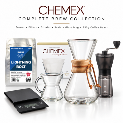 Chemex Complete Brew Collection – 3 Cup Brewer, Filters, Grinder, Scale & 250g Coffee Beans