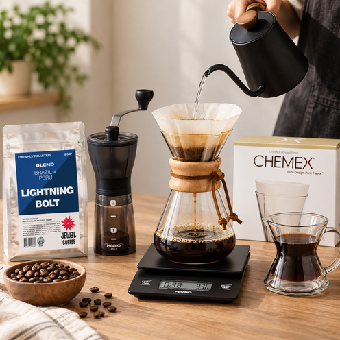 Chemex Complete Brew Collection – 3 Cup Brewer, Filters, Grinder, Scale & 250g Coffee Beans