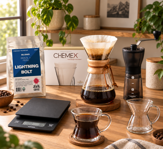 Chemex Complete Brew Collection – 3 Cup Brewer, Filters, Grinder, Scale & 250g Coffee Beans