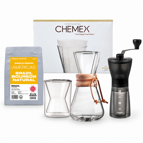 Chemex Essential Brew Collection – 3 Cup Brewer, Filters, Grinder, Glass Mug & 250g Coffee Beans