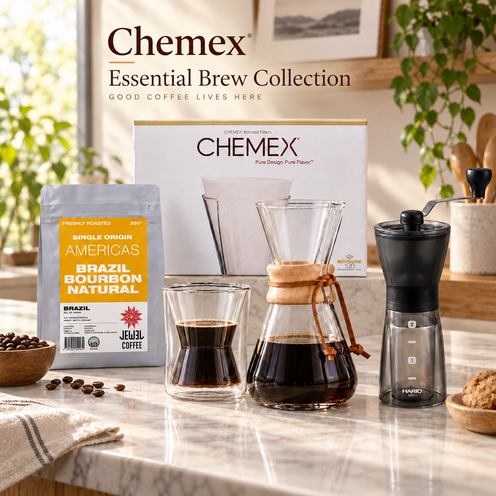 Chemex Essential Brew Collection – 3 Cup Brewer, Filters, Grinder, Glass Mug & 250g Coffee Beans