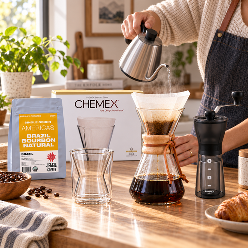 Chemex Essential Brew Collection – 3 Cup Brewer, Filters, Grinder, Glass Mug & 250g Coffee Beans