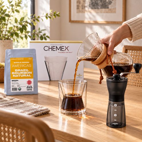 Chemex Essential Brew Collection – 3 Cup Brewer, Filters, Grinder, Glass Mug & 250g Coffee Beans